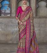 Silk blend beige and pink patola print classic festival wear saree