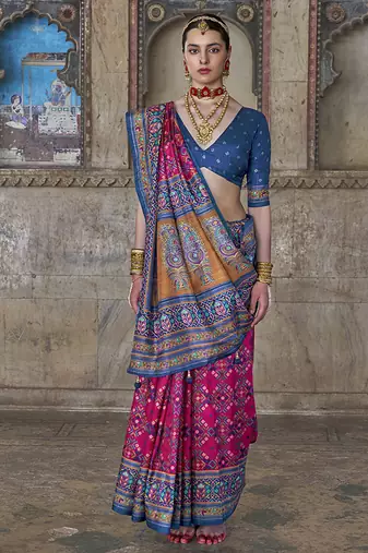 Silk blend rani pink and blue patola print classic festival wear saree