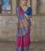 Silk blend rani pink and blue patola print classic festival wear saree