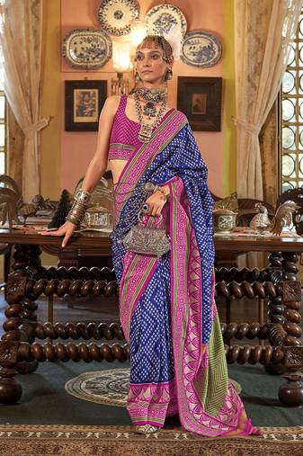 Navy blue patola design zari work traditional silk blend saree