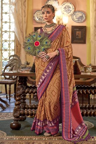 Mustard patola design zari work traditional silk blend saree