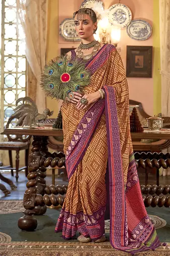 Mustard patola design zari work traditional silk blend saree