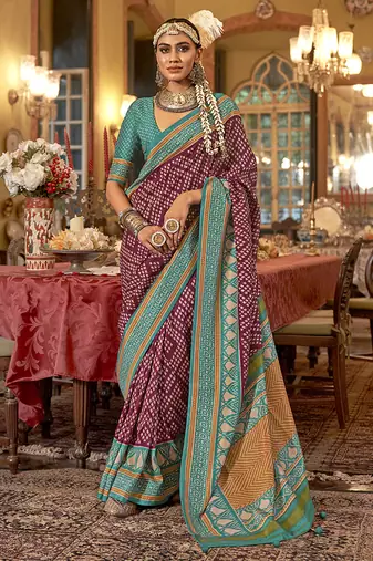 Wine & turquoise patola design zari work traditional silk blend saree
