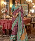 Wine & turquoise patola design zari work traditional silk blend saree