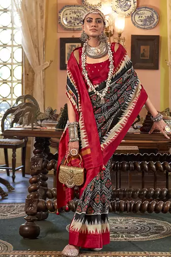 Black & red patola design zari work traditional silk blend saree