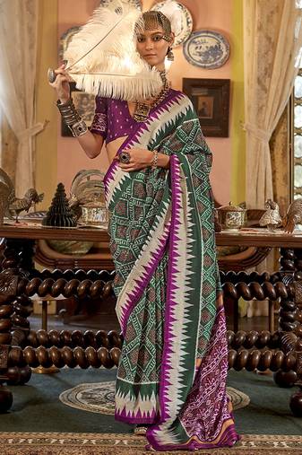 Dark green & magenta patola design zari work traditional silk blend saree