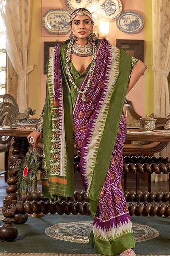 Magenta & olive green patola design zari work traditional silk blend saree