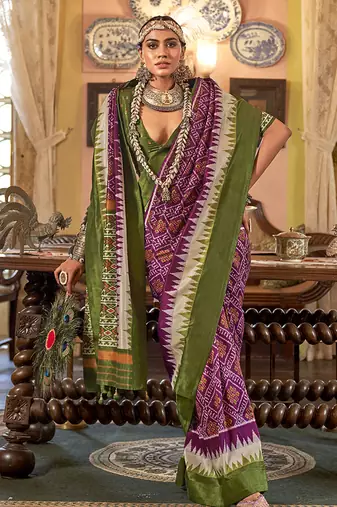 Magenta & olive green patola design zari work traditional silk blend saree