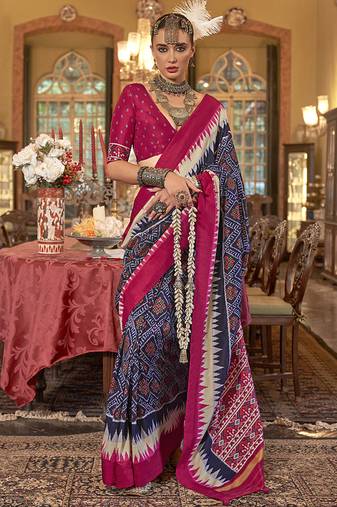 Navy blue & hot pink patola design zari work traditional silk blend saree