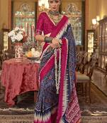 Navy blue & hot pink patola design zari work traditional silk blend saree