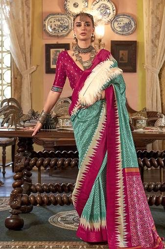 Turquoise & hot pink patola design zari work traditional silk blend saree