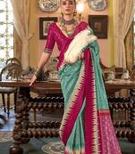 Turquoise & hot pink patola design zari work traditional silk blend saree