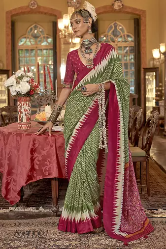Olive green & burgundy patola design zari work traditional silk blend saree