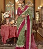 Olive green & burgundy patola design zari work traditional silk blend saree