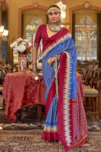Royal blue & rani pink patola design zari work traditional silk blend saree