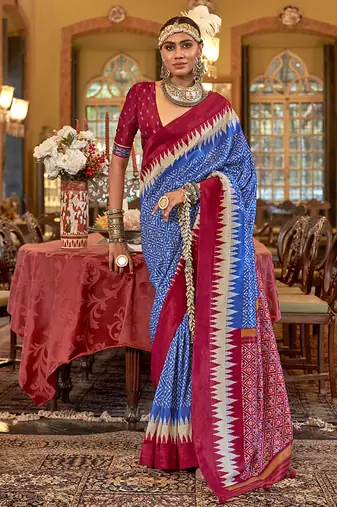 Royal blue & rani pink patola design zari work traditional silk blend saree