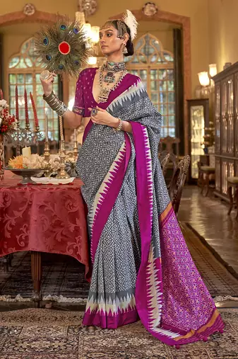 Grey & magenta patola design zari work traditional silk blend saree