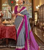 Grey & magenta patola design zari work traditional silk blend saree