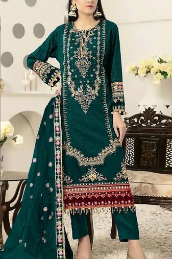 Dark green velvet semi stitched suit with heavy embroidery & sequence work