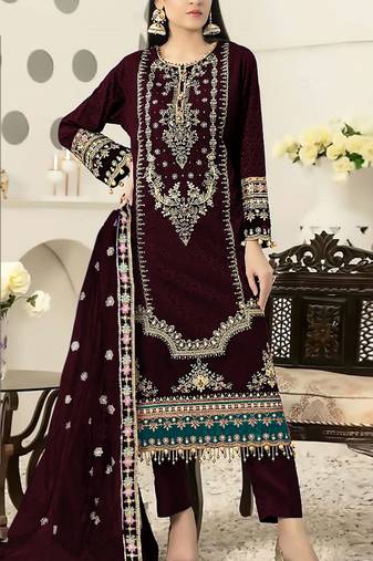 Brown velvet semi stitched suit with heavy embroidery & sequence work