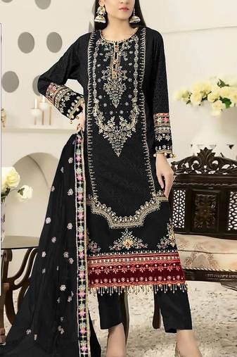 Black velvet semi stitched suit with heavy embroidery & sequence work