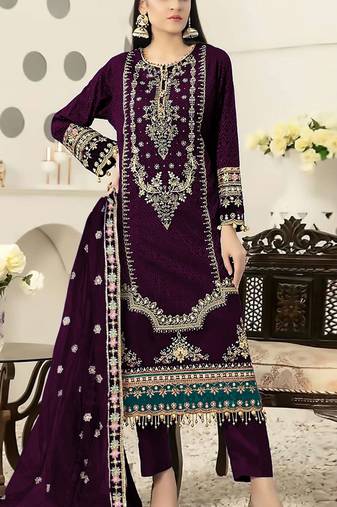 Purple velvet semi stitched suit with heavy embroidery & sequence work