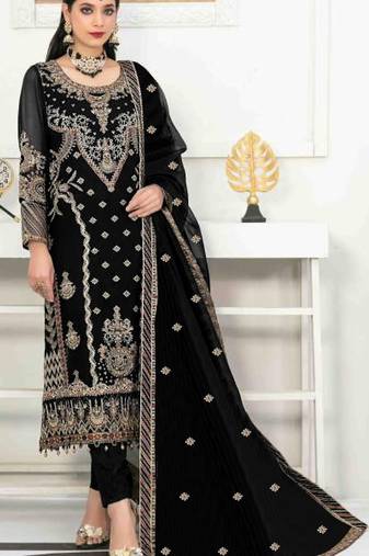 Black velvet semi stitched suit with heavy embroidery & sequence work