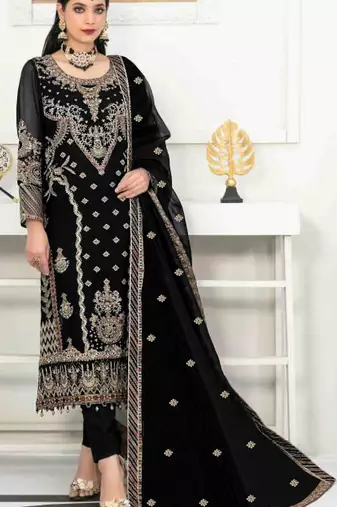 Black velvet semi stitched suit with heavy embroidery & sequence work