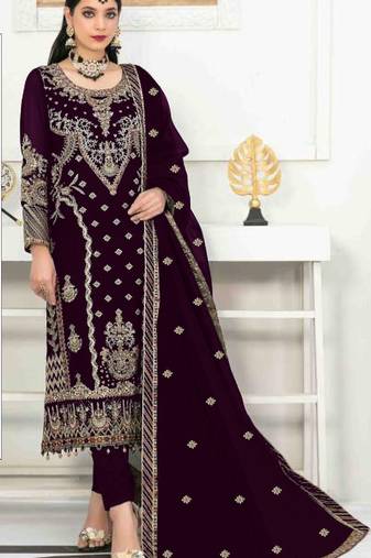 Purple velvet semi stitched suit with heavy embroidery & sequence work
