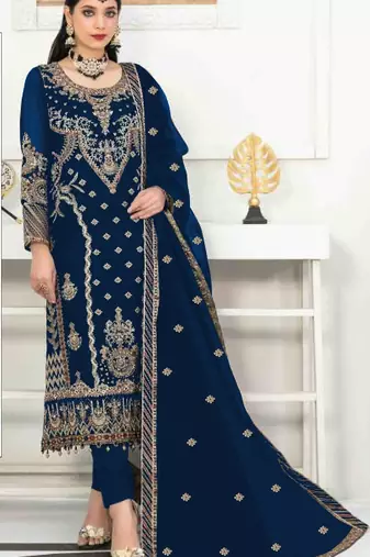 Teal blue velvet semi stitched suit with heavy embroidery & sequence work