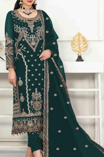 Green velvet semi stitched suit with heavy embroidery & sequence work