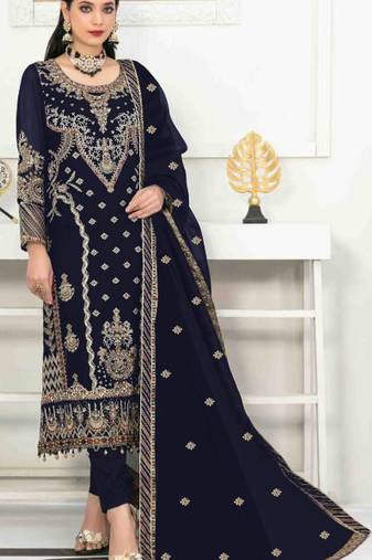 Navy velvet semi stitched suit with heavy embroidery & sequence work