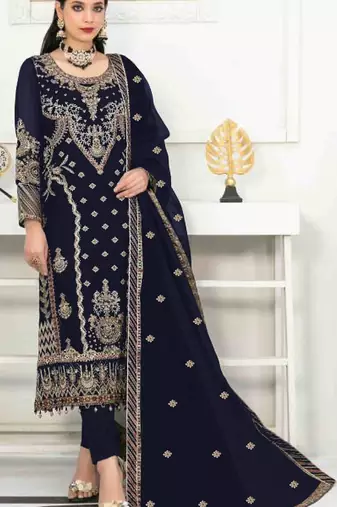Navy velvet semi stitched suit with heavy embroidery & sequence work