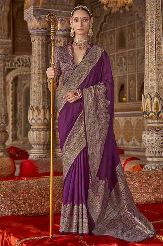 Purple silk blend print work traditional saree for ceremonial