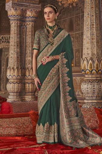 Dark green silk blend print work traditional saree for ceremonial