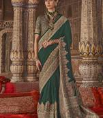 Dark green silk blend print work traditional saree for ceremonial