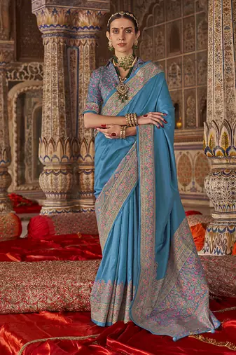 Aqua blue silk blend print work traditional saree for ceremonial