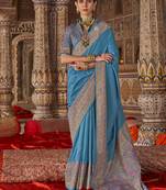 Aqua blue silk blend print work traditional saree for ceremonial
