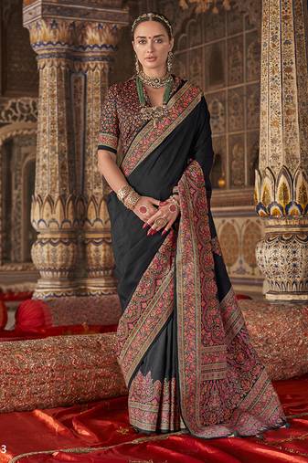 Black silk blend print work traditional saree for ceremonial