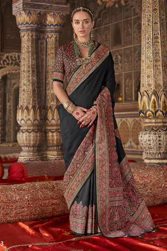 Black silk blend print work traditional saree for ceremonial