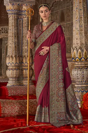 Maroon silk blend print work traditional saree for ceremonial