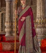 Maroon silk blend print work traditional saree for ceremonial
