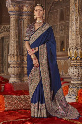 Navy blue silk blend print work traditional saree for ceremonial