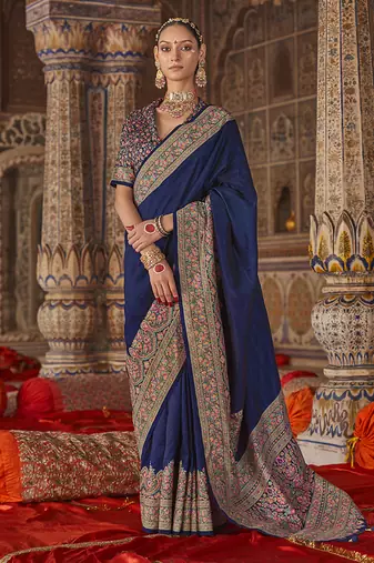 Navy blue silk blend print work traditional saree for ceremonial