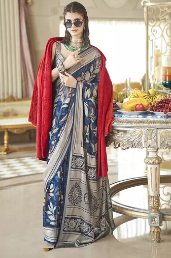 Georgette classic saree with fancy work for ceremonial in navy blue