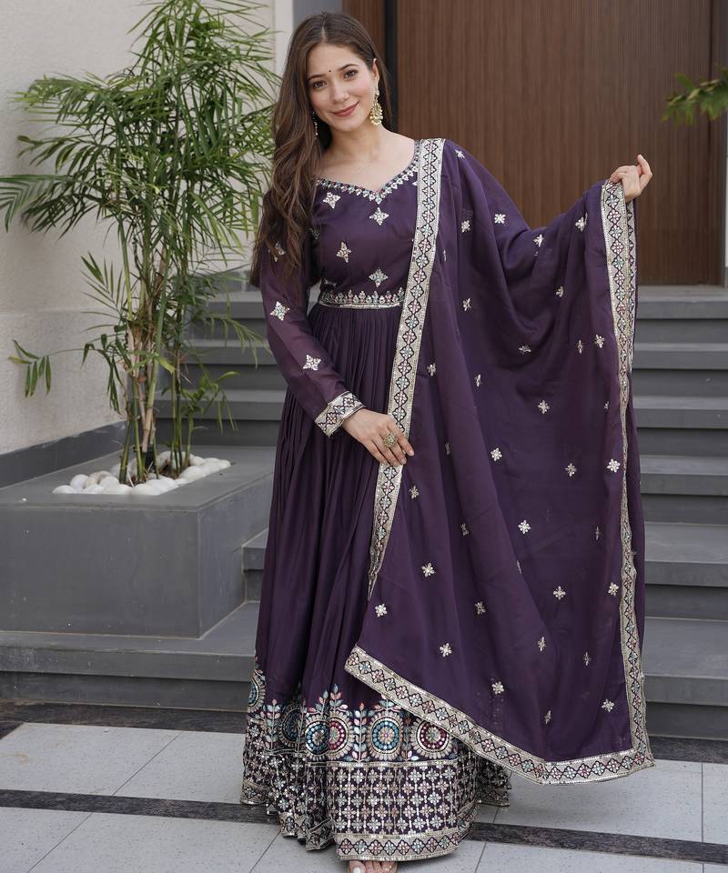 Voilet Pure Dimond Silk Wedding Wear Long Gown