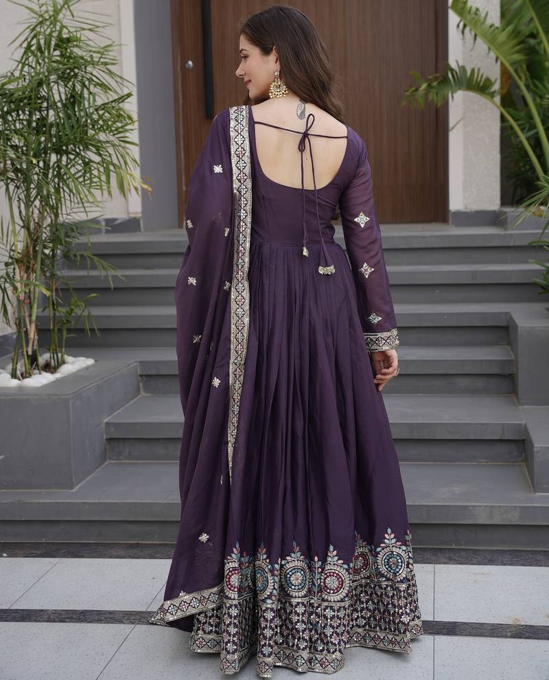 Voilet Pure Dimond Silk Wedding Wear Long Gown