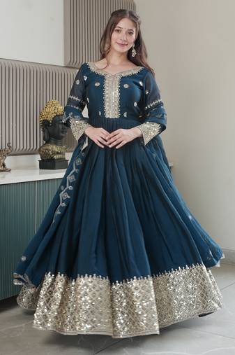 Teal Heavy Crush Silk Wedding Wear Embroidery Work Long Gown