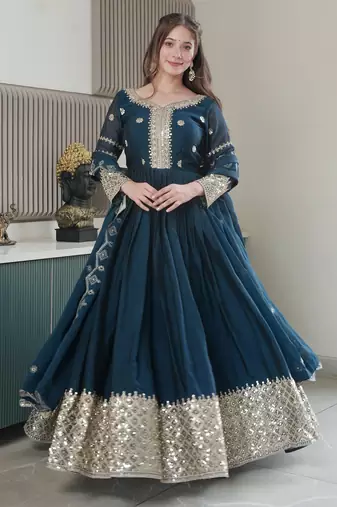 Teal Heavy Crush Silk Wedding Wear Embroidery Work Long Gown