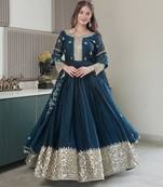 Teal Heavy Crush Silk Wedding Wear Embroidery Work Long Gown